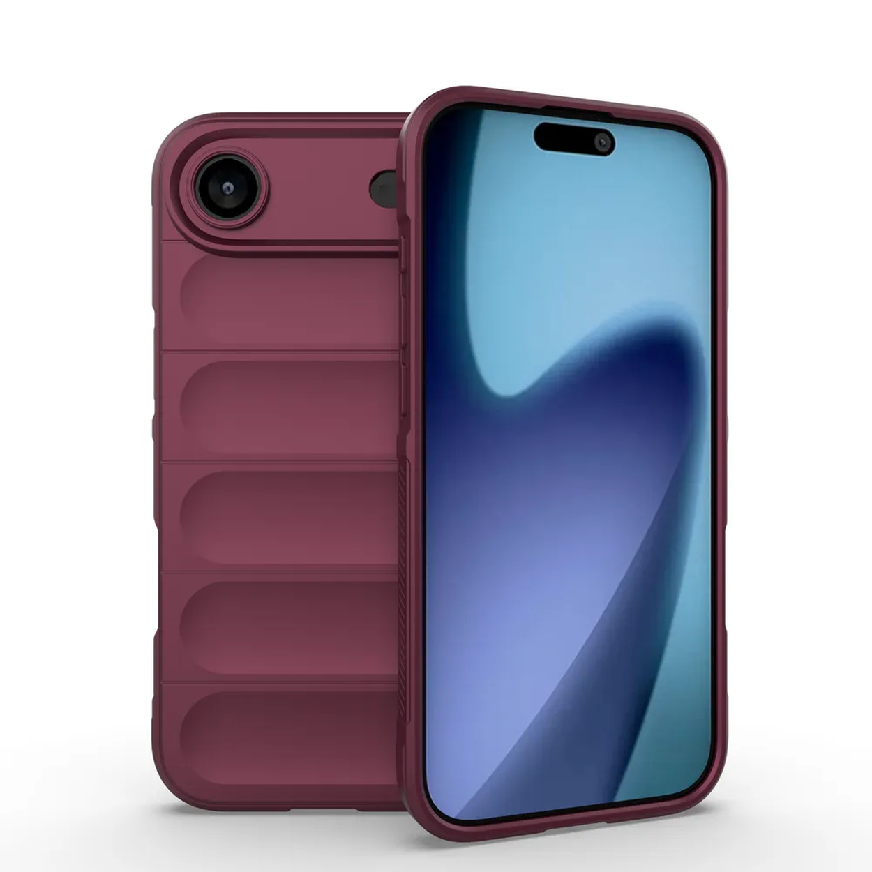 Twee bordeauxrode telefoonhoesjes. Eén toont een cameralens en een geribbelde achterkant, de ander een scherm met een blauwe en paarse gradiënt.