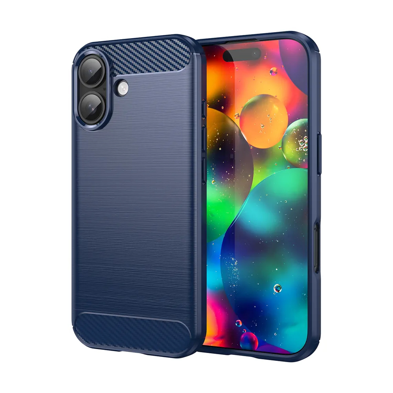 Een blauwe telefoonhoes met een koolstofvezeltextuur en de telefoon met een kleurrijke achtergrond wordt weergegeven.