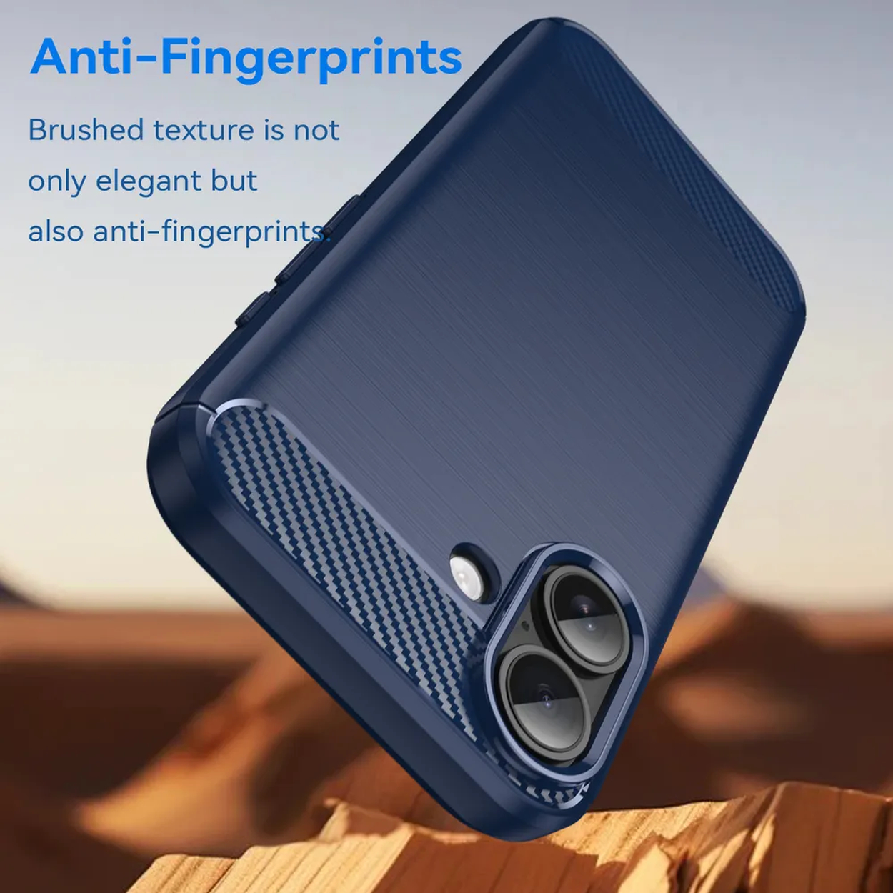 Een blauwe telefoonhoes met een geborstelde textuur wordt getoond. Het is schuin, met een camera en de anti-vingerafdrukfunctie.