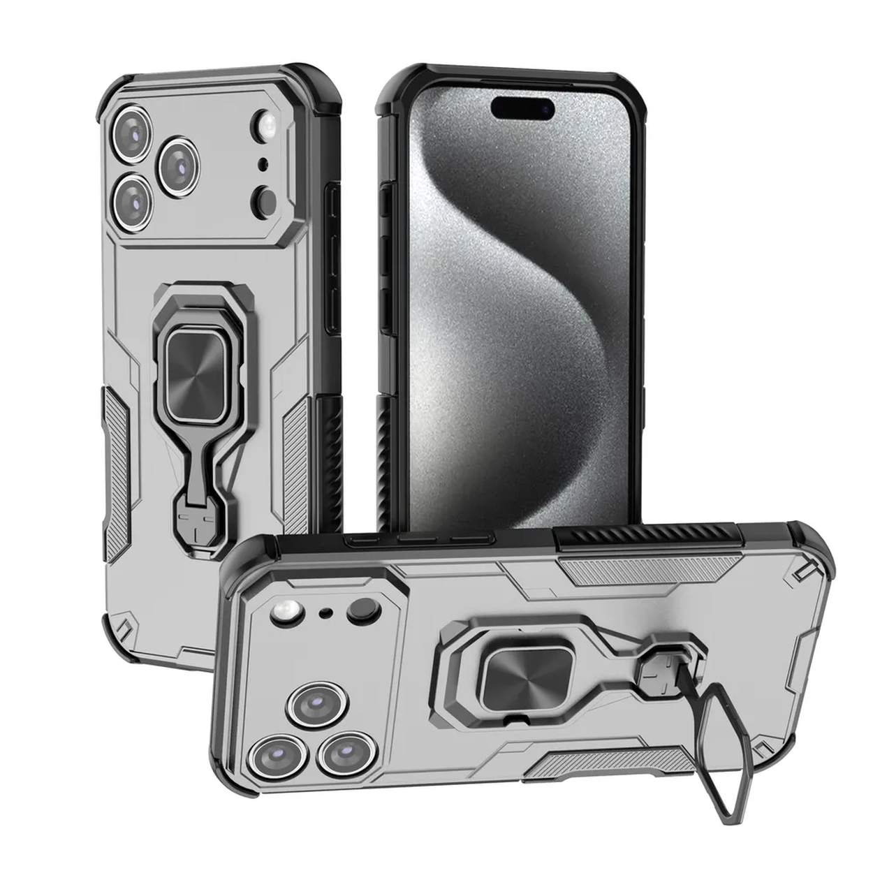 Drie zilveren telefoonhoesjes met zwarte randen. Eén staat rechtop, een andere ligt opzij en de derde is schuin, met een ringhouder.