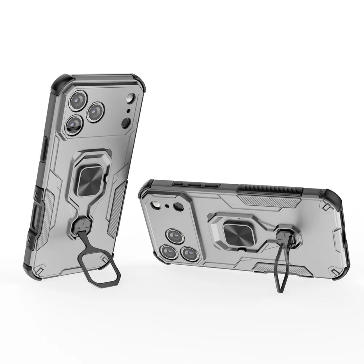 Twee zilveren en zwarte telefoonhoesjes. Eén staat rechtop, de andere ligt. Beide hebben ringhouders.