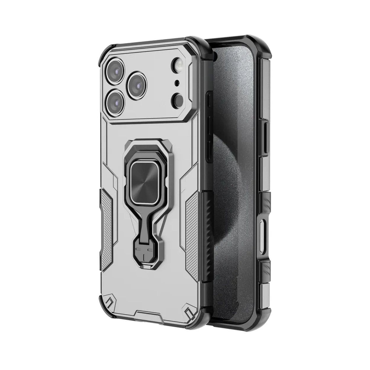 Een zilverzwarte telefoonhoes met ringhouder, met een drievoudige cameralens, tegen een witte achtergrond.