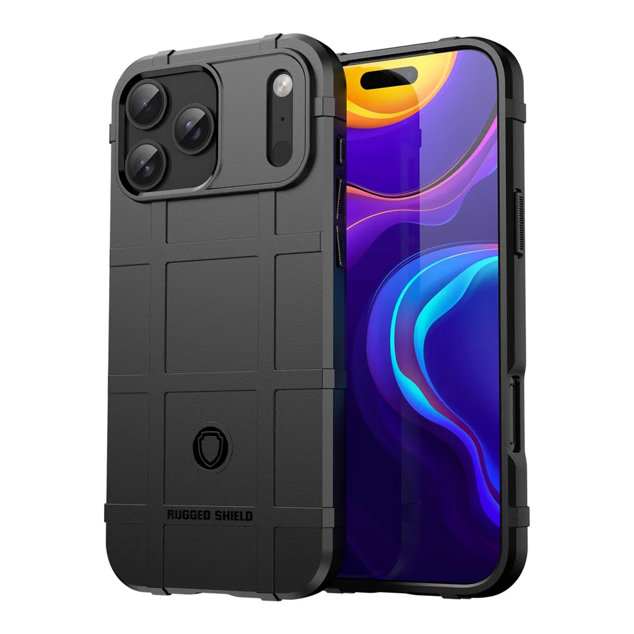 Un étui de téléphone noir robuste avec un téléphone à l'intérieur. L'étui a une protection d'appareil photo et l'écran affiche un fond coloré.