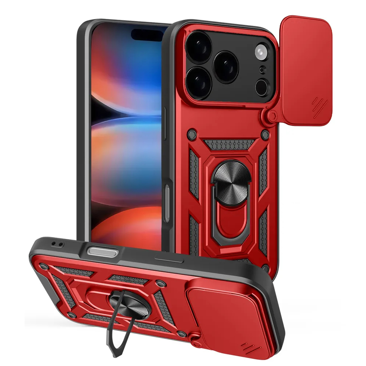 Rode telefoonhoes met camerahoes en ringhouder. Er worden drie hoesjes weergegeven, met voor-, achter- en zijaanzichten.
