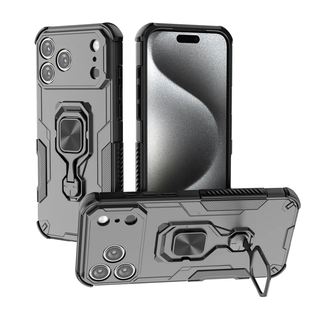 Trois étuis de téléphone gris avec bordures noires. Un étui est droit avec un téléphone à l'intérieur, les autres sont en angle, montrant les dos.