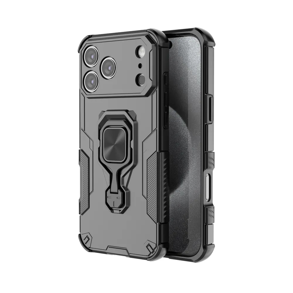 Une coque de téléphone gris foncé avec un support de bague intégré et un téléphone noir à l'intérieur. Design robuste.