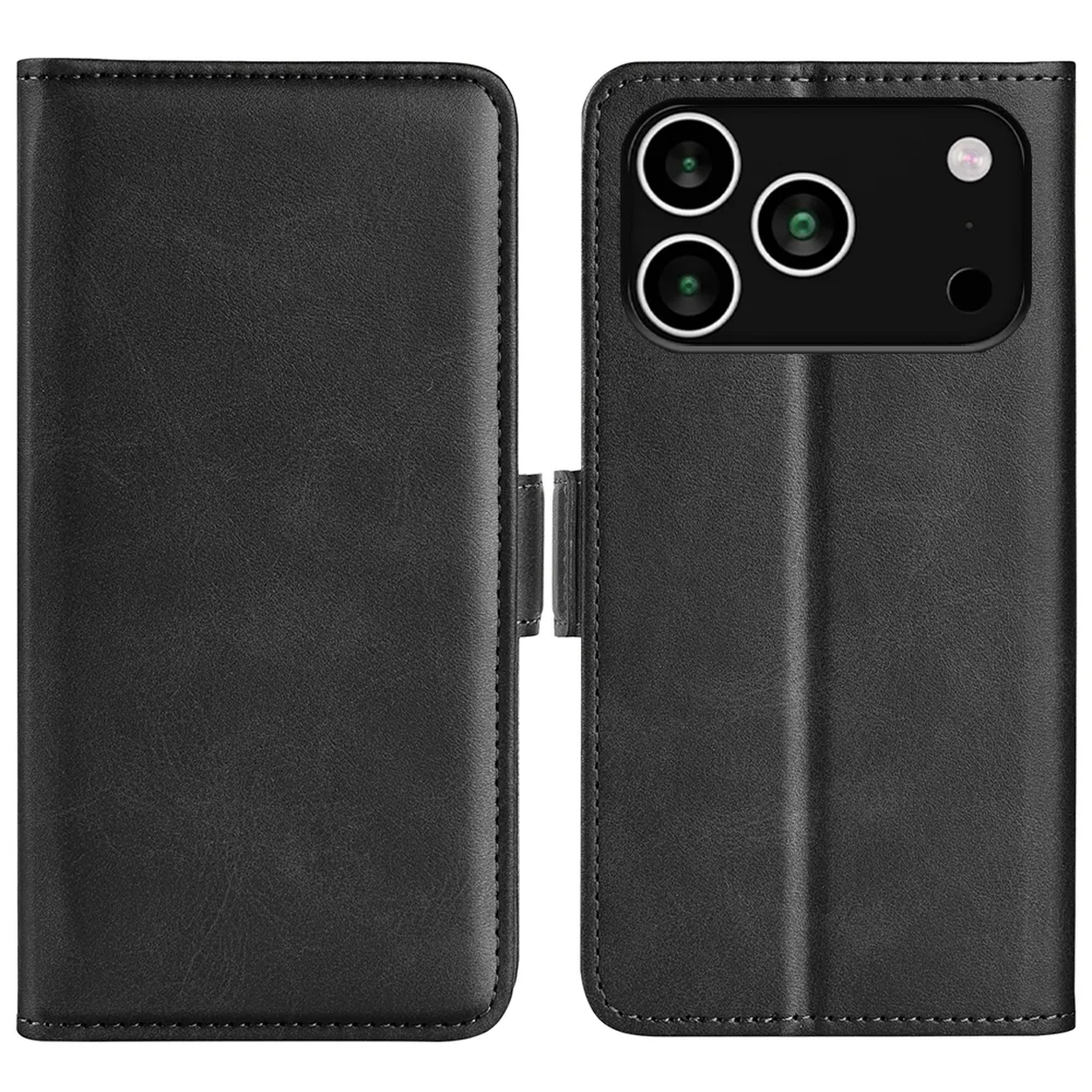 Zwarte leren telefoonhoes open, met de binnenkant zichtbaar. Telefoonhoes met camera-uitsparingen. Stiksels langs de randen.