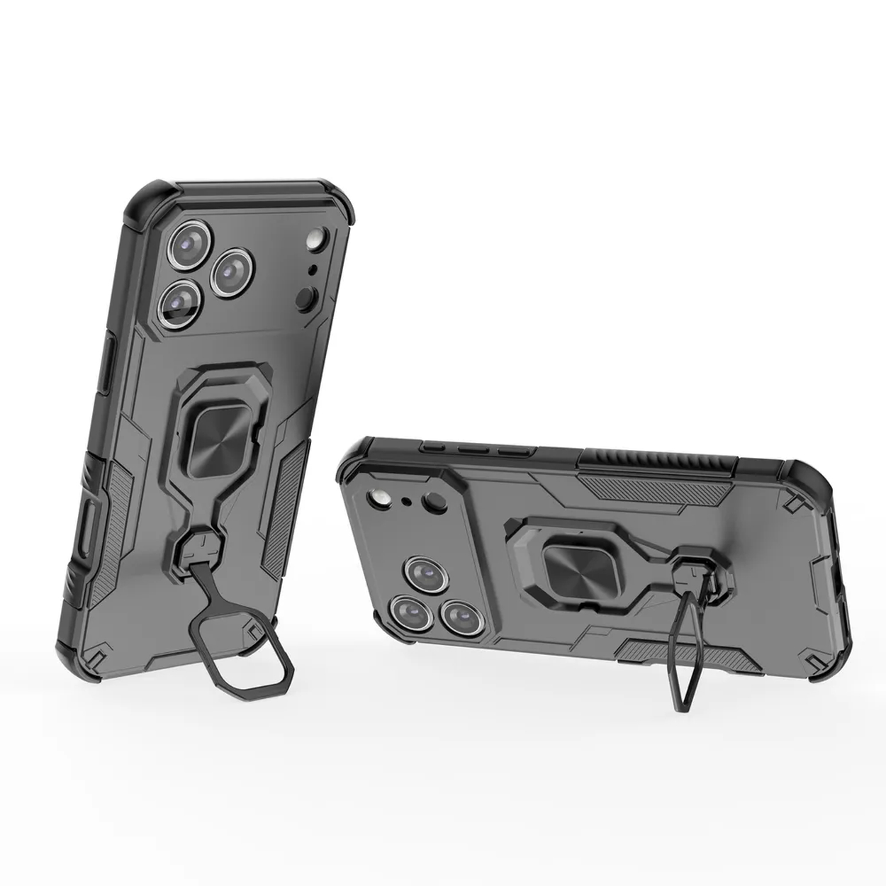 Deux étuis de téléphone noirs avec des supports à anneau. L'un est debout, l'autre est à plat. Les deux ont des objectifs triples.