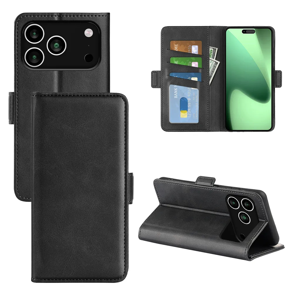 Zwarte leren telefoonhoes met kaartsleuven en een telefoon met groen scherm. Er worden meerdere weergaven getoond.
