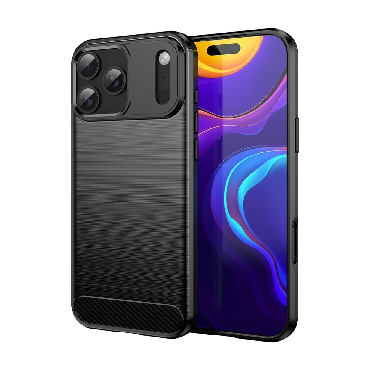 Un étui de téléphone noir avec un module caméra protège un téléphone avec un écran violet et bleu.