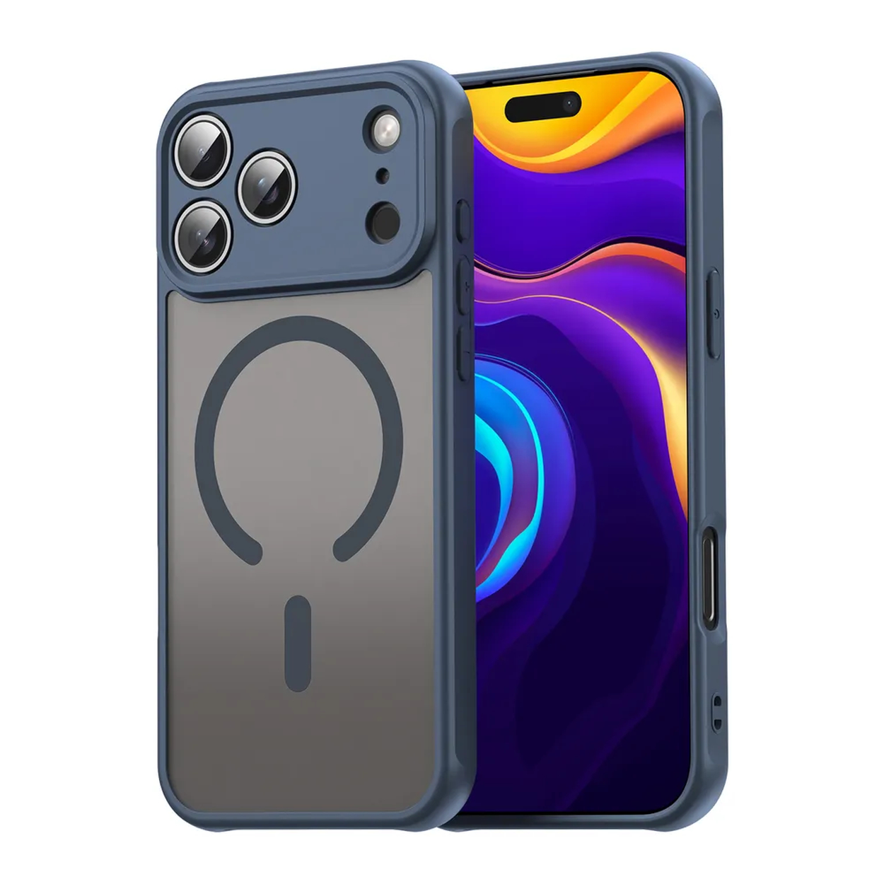 Een blauwe telefoonhoes met een transparante achterkant, met een telefoon met een kleurrijk abstract behang. De hoes heeft een magnetische cirkel.