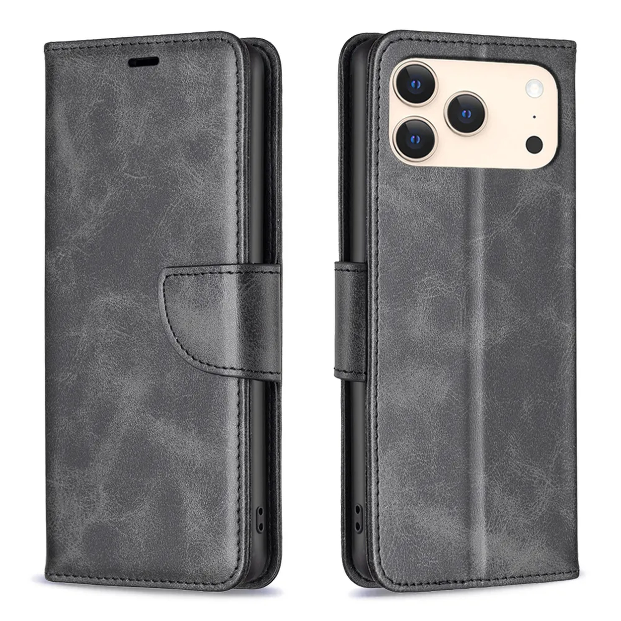 Deux étuis de téléphone en cuir gris. Un fermé avec fermoir, l'autre ouvert montrant le téléphone avec trois caméras.