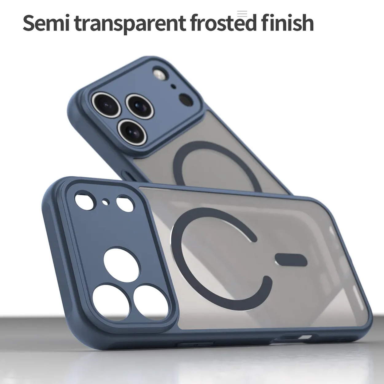 Twee semi-transparante telefoonhoesjes met een matte afwerking. De hoesjes zijn blauw met een doorzichtig midden, en tonen een grote 'C'-vorm.