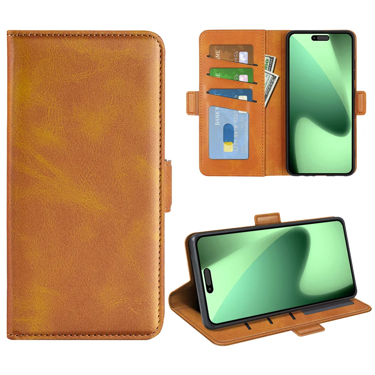 Bruine leren telefoonhoes, open en dicht, met kaarten en een telefoon erin. Het telefoonscherm is groen.
