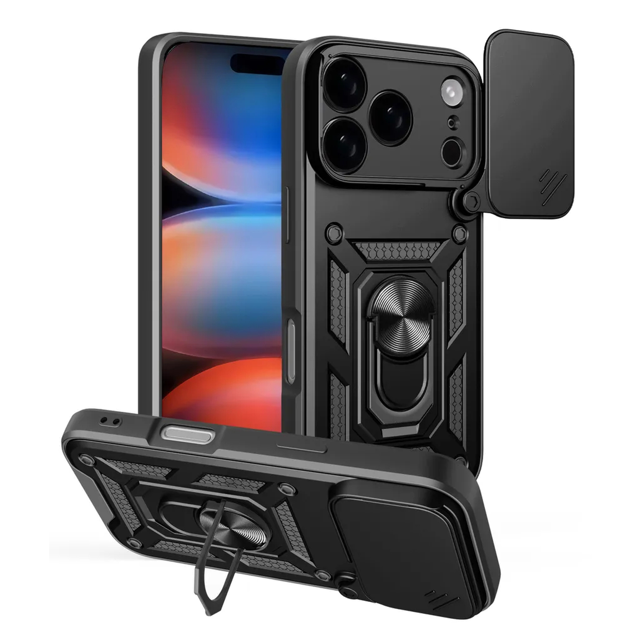 Zwarte telefoonhoes met camerahoes en ringhouder, er worden drie telefoons getoond. De schermen tonen een kleurrijke achtergrond.