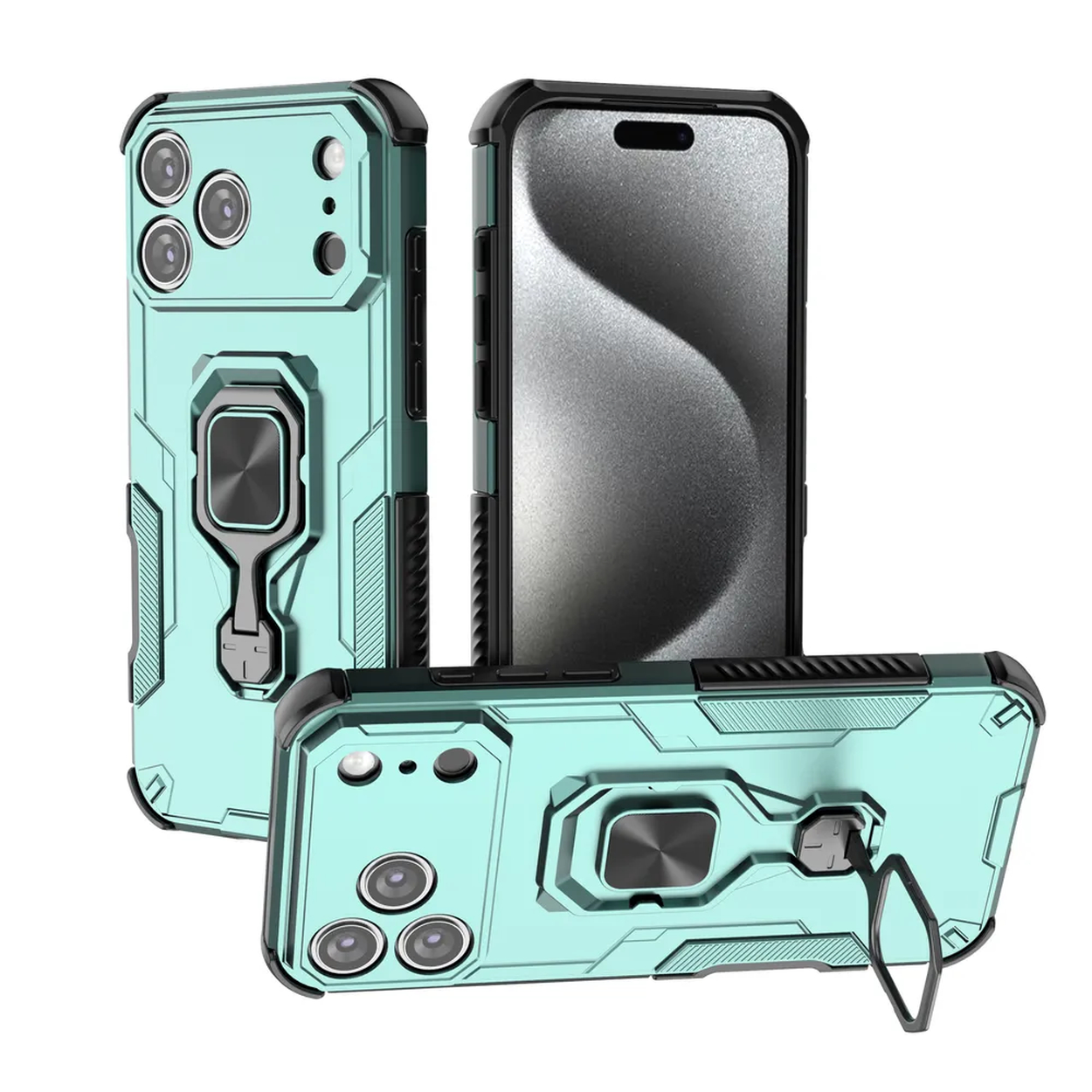 Drie turquoise telefoonhoesjes met zwarte rand en ringhouders, één met een telefoon erin. Witte achtergrond.