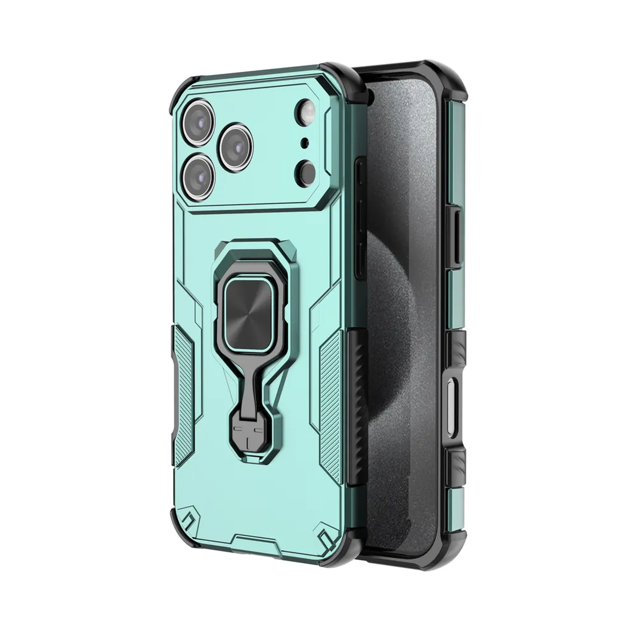 Een blauwgroene telefoonhoes met zwarte accenten en een ringhouder toont een zwarte telefoon op een witte achtergrond.