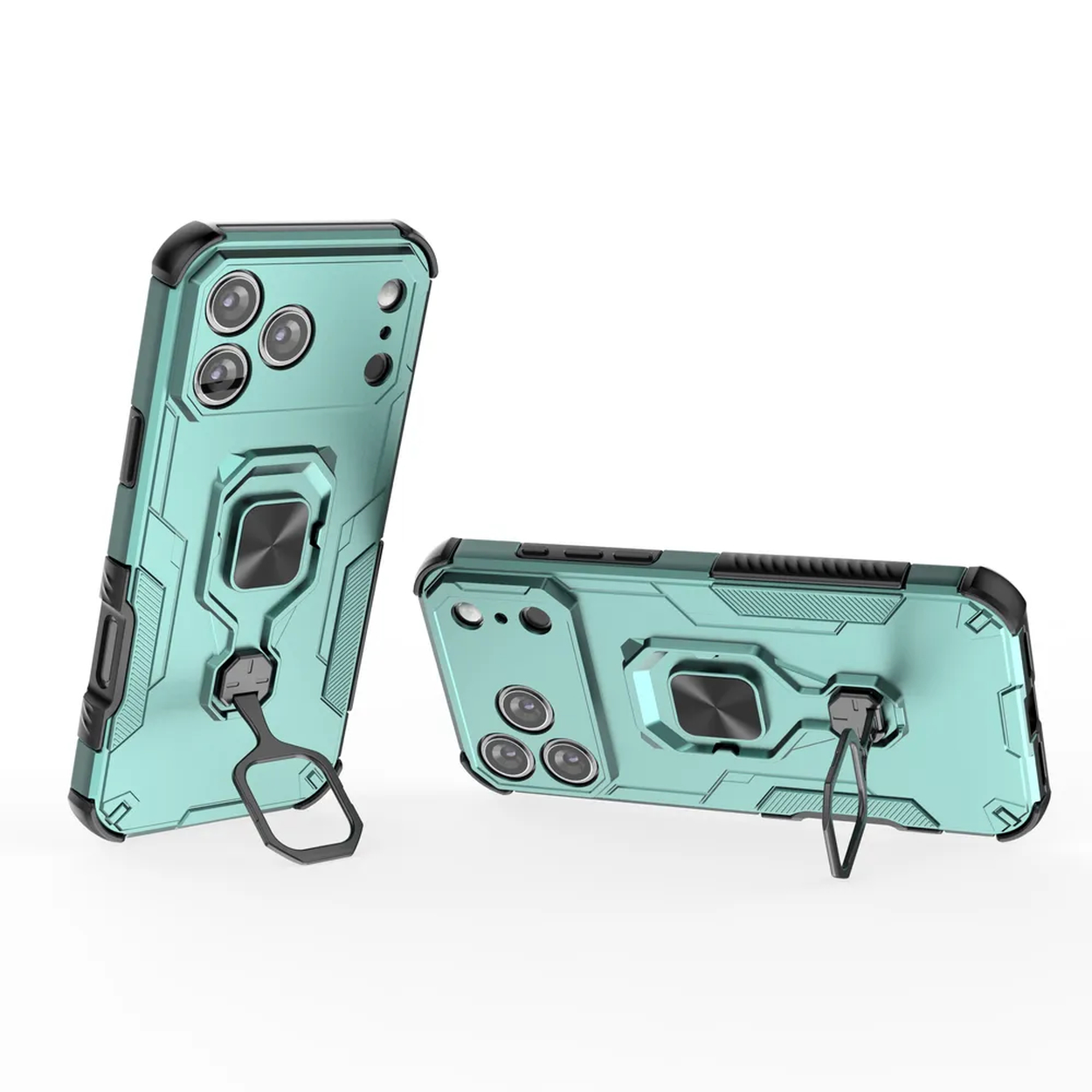 Twee teal telefoonhoesjes met zwarte accenten. Eén staat, één ligt plat. Beide hebben ringhouders en camera-uitsparingen.