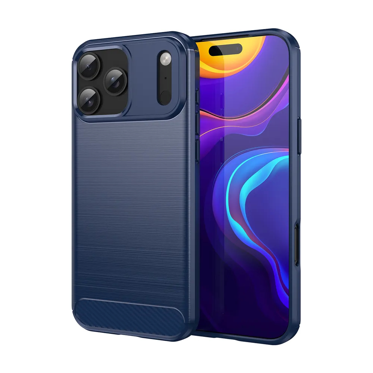 Une coque de téléphone bleue protégeant un téléphone avec un fond d'écran abstrait violet et bleu. La coque a des découpes pour la caméra et une finition texturée.