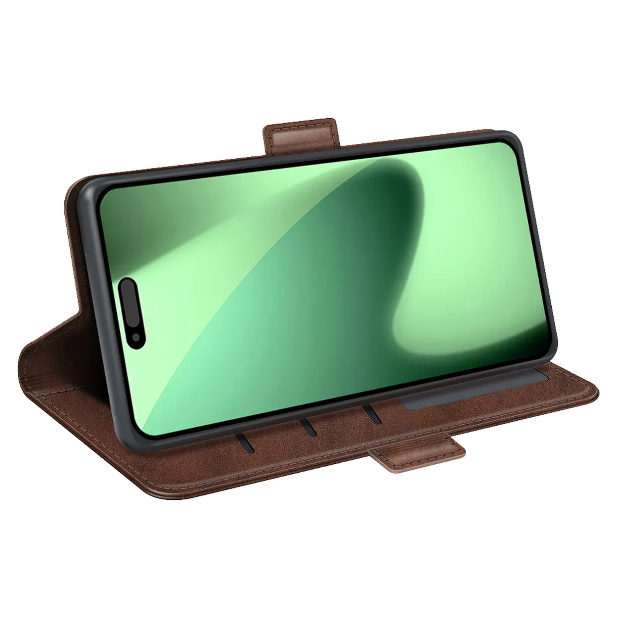 Een bruine leren telefoonhoes met een telefoon erin, met een groen scherm. De hoes is open en de telefoon is omhoog gezet.
