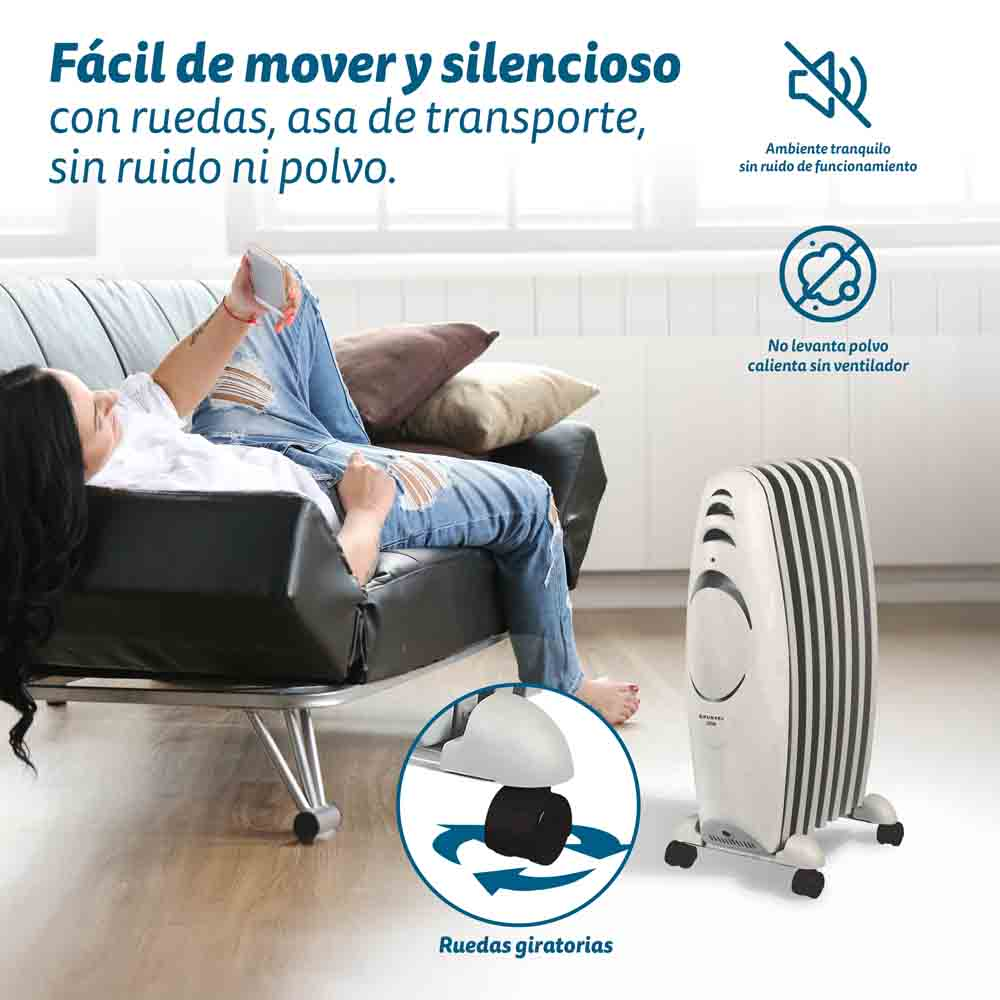 Una mujer en un sofá usando un teléfono. Una estufa está a su lado. Texto: fácil de mover, silencioso, sin ruido, sin polvo.