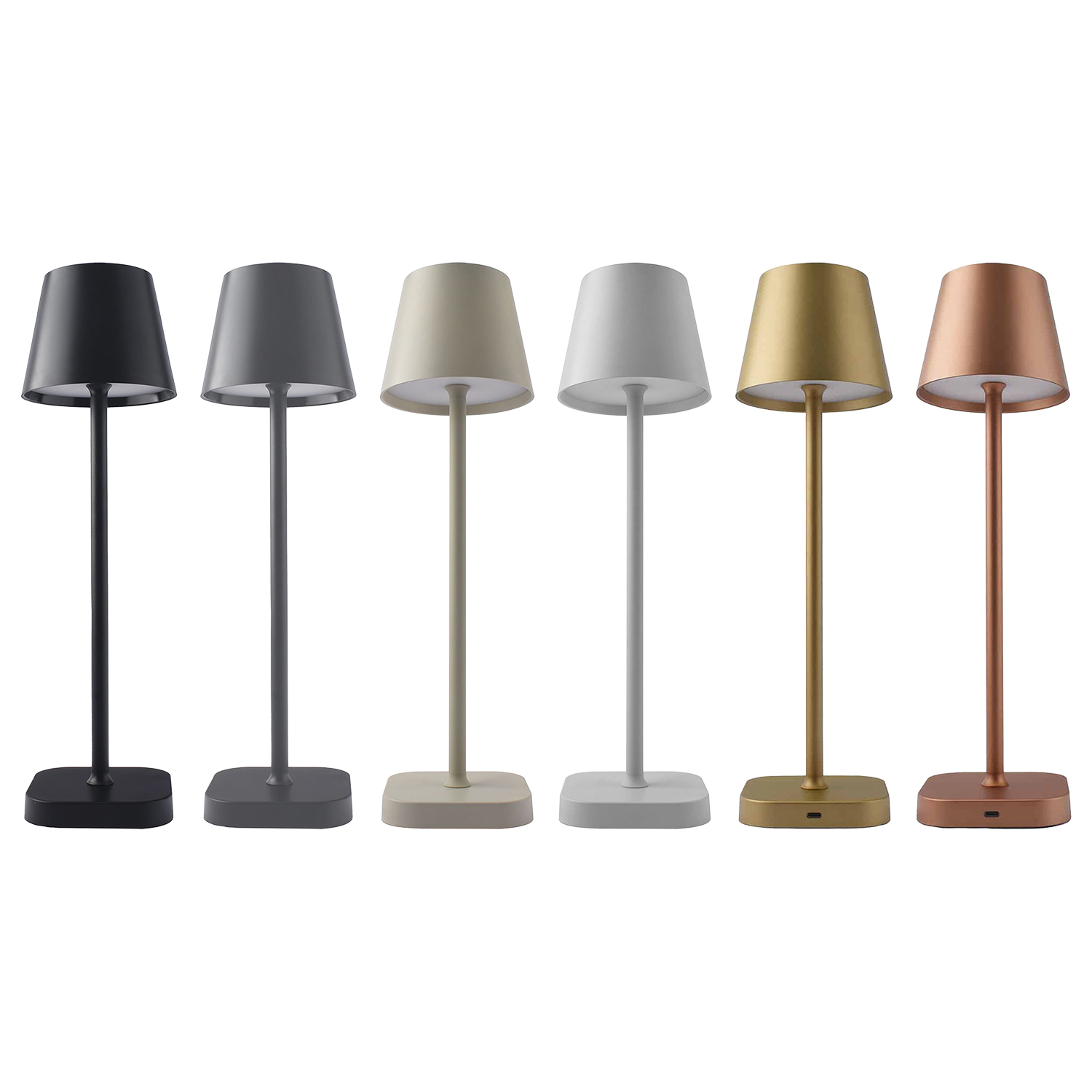 Zes moderne lampen in verschillende kleuren: zwart, grijs, beige, wit, goud en koper. Elke lamp heeft een kap, een steel en een vierkante voet.