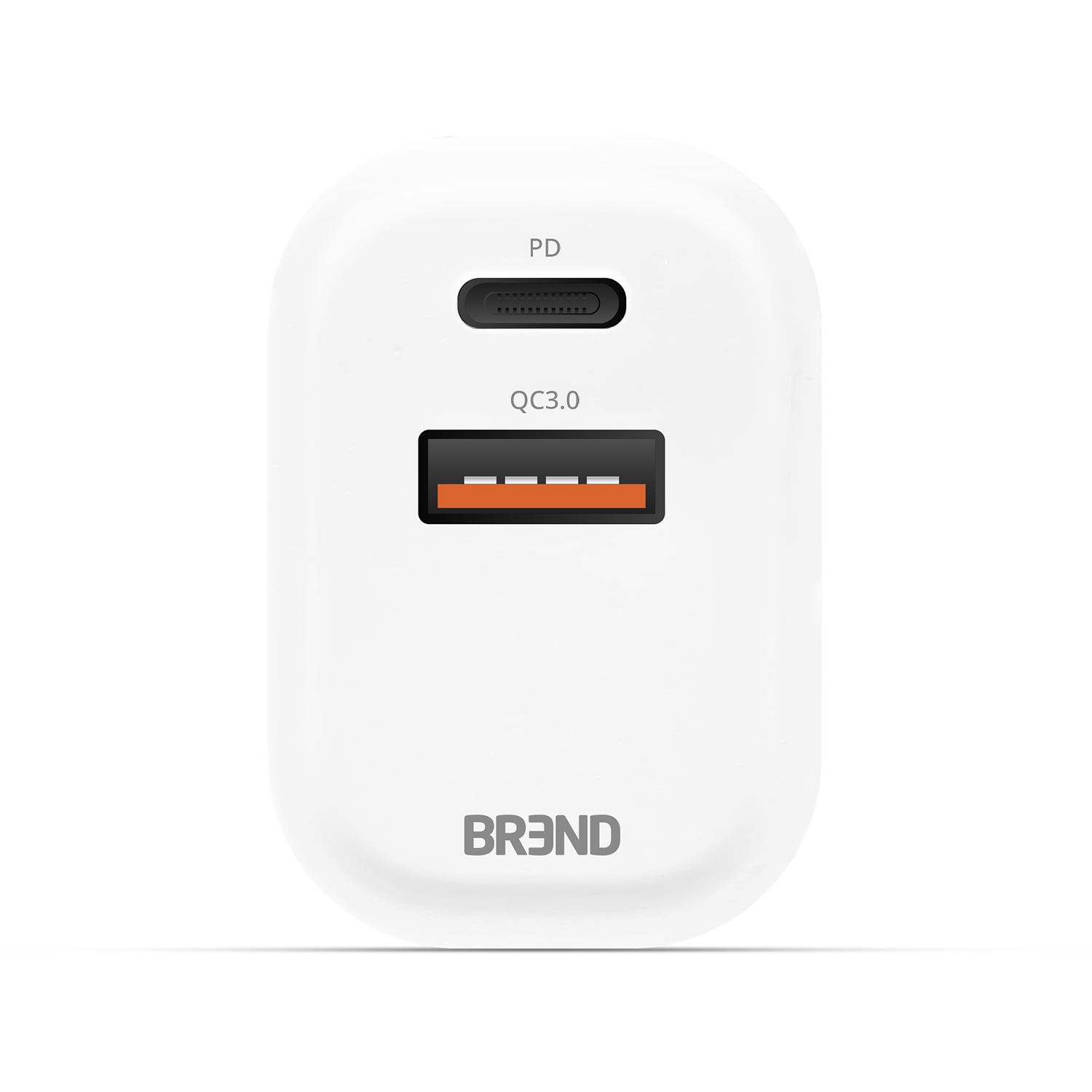 Chargeur blanc avec ports USB-C et USB-A, étiqueté 'PD' et 'QC3.0', avec la marque 'BR3ND' en bas.