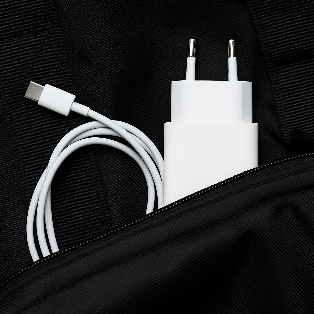 Un chargeur et un câble de téléphone blancs sont nichés dans une poche noire. Le chargeur a deux broches, le câble est de type USB-C.