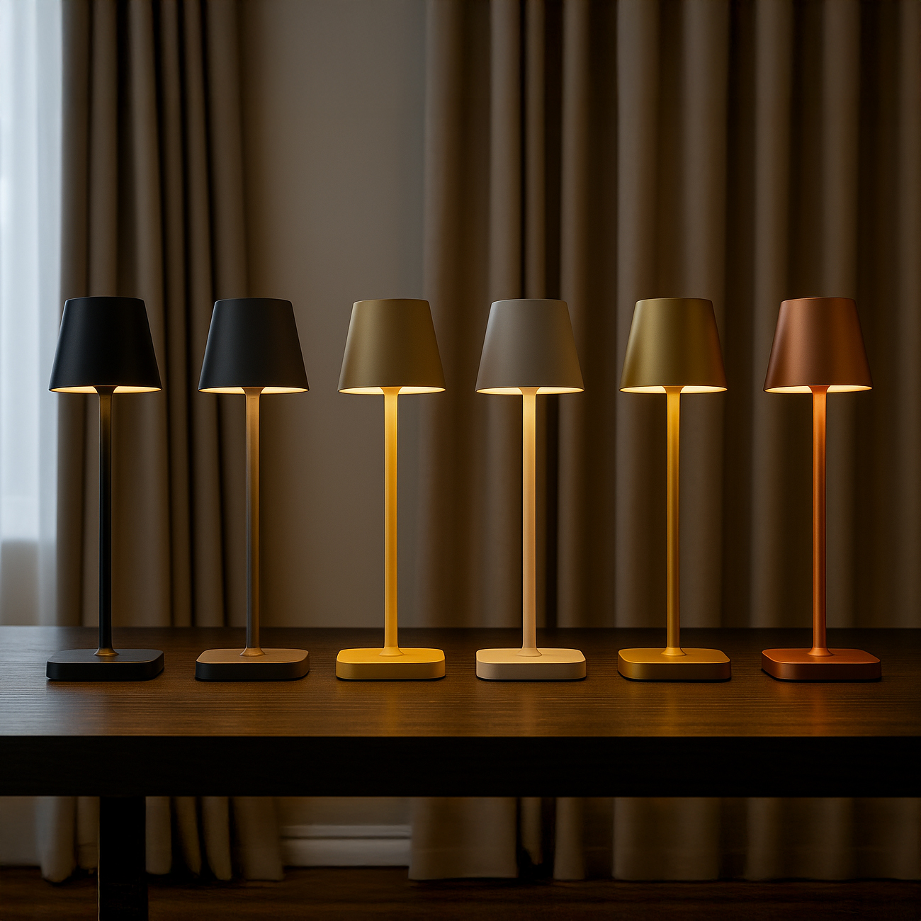 Zes lampen in verschillende kleuren staan op een donkere houten tafel. Achter hen gordijnen en een raam.