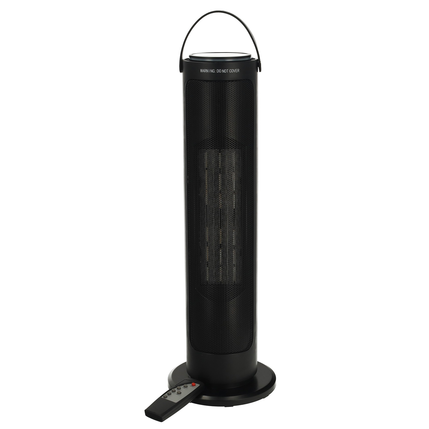 Black tower heater on a white background. Includes a remote control. Has a handle at the top. Warning: Do Not Cover is written on it.