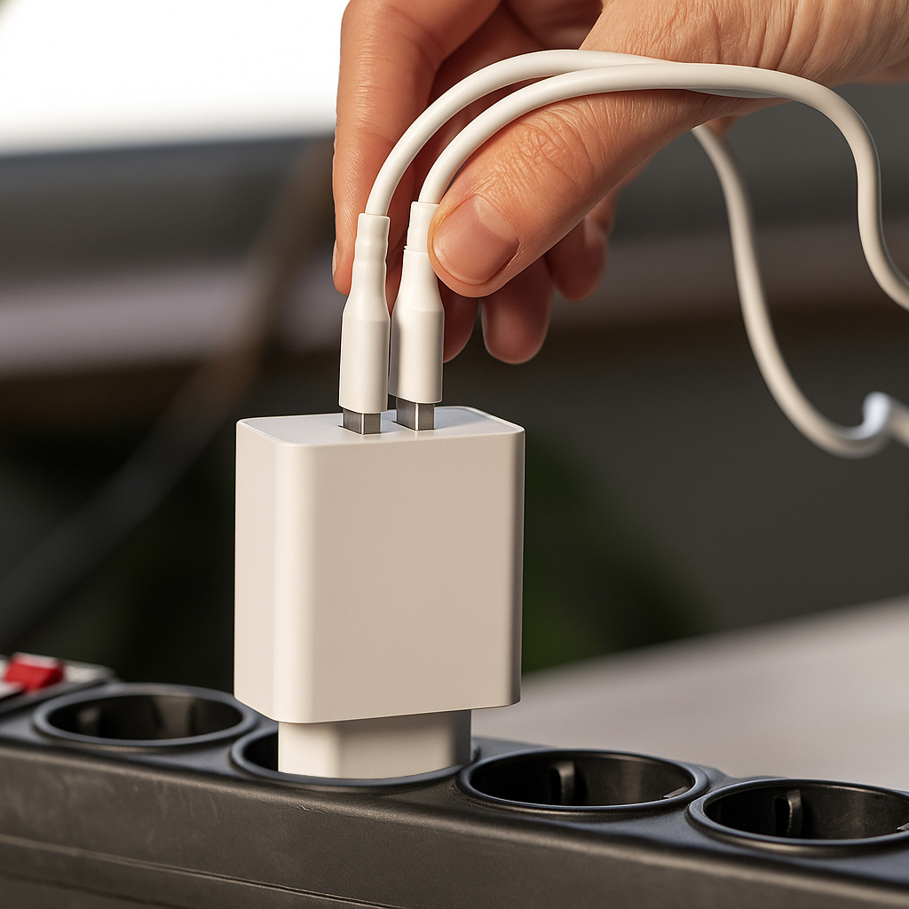 Une main branche un chargeur blanc sur un adaptateur secteur blanc. L'adaptateur est connecté à une multiprise noire.