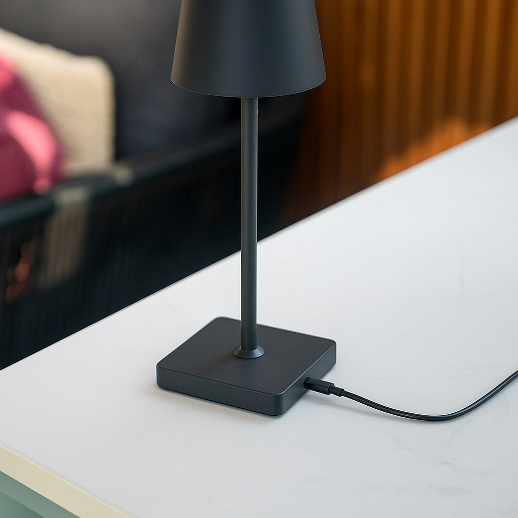 Een zwarte lamp op een witte tafel. De lamp heeft een conische kap, een rechte steel en een vierkante voet. Er is een kabel aangesloten.