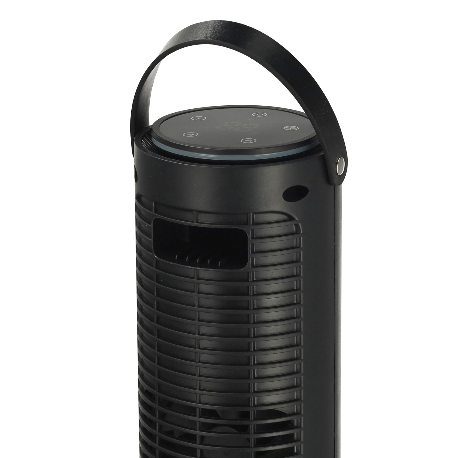A black cylindrical fan with a handle. It has a digital display and a grill-like front. The background is white.