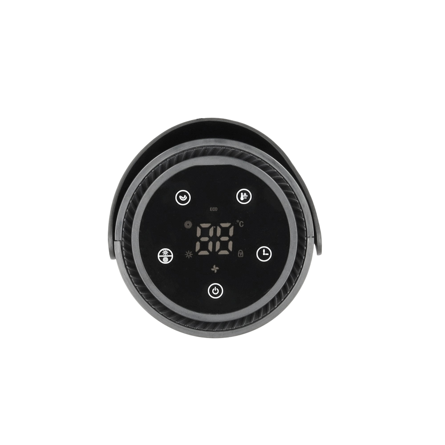 A black and gray fan control panel with a digital display showing '88'. It has various icons, including power, temperature, and timer settings.