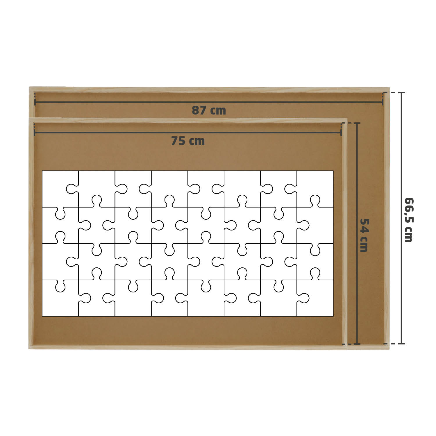 A framed puzzle, 87x66.5 cm, with 48 white pieces. The frame is light brown. The dimensions are displayed on the image.