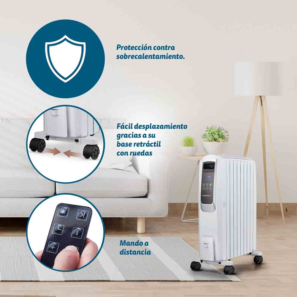 Un radiatore bianco con ruote, un telecomando e un divano sono mostrati. Il testo evidenzia la protezione da surriscaldamento e la facilità di movimento.