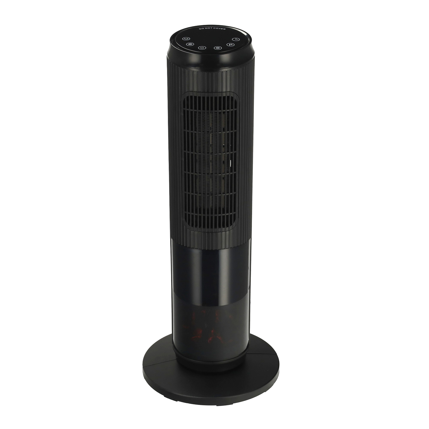 A black tower fan stands on a white background. It has a round base, a cylindrical body with a grill, and control buttons at the top.