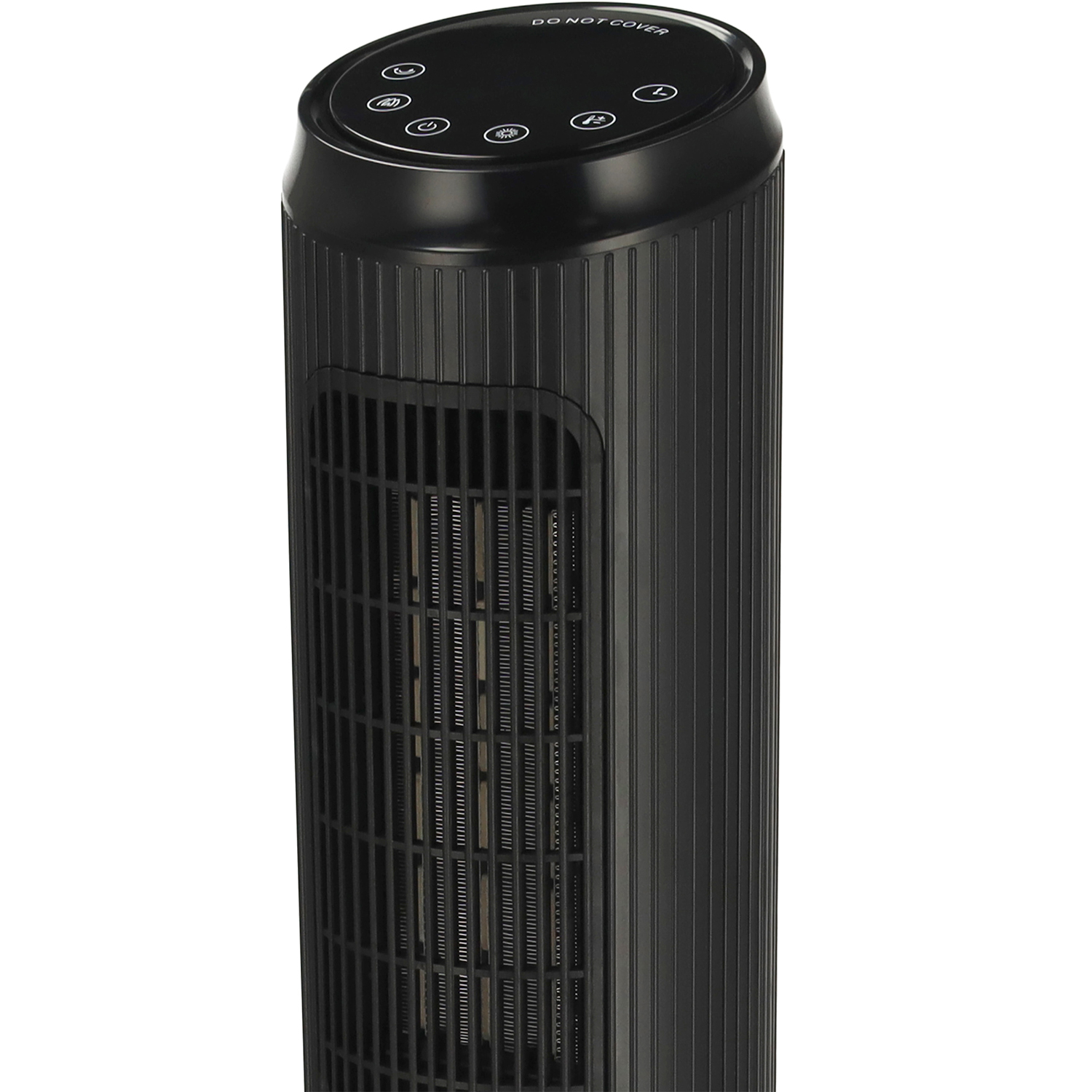 A black tower fan with control panel on top. It has a vertical grill in the front and a ribbed design on the sides.