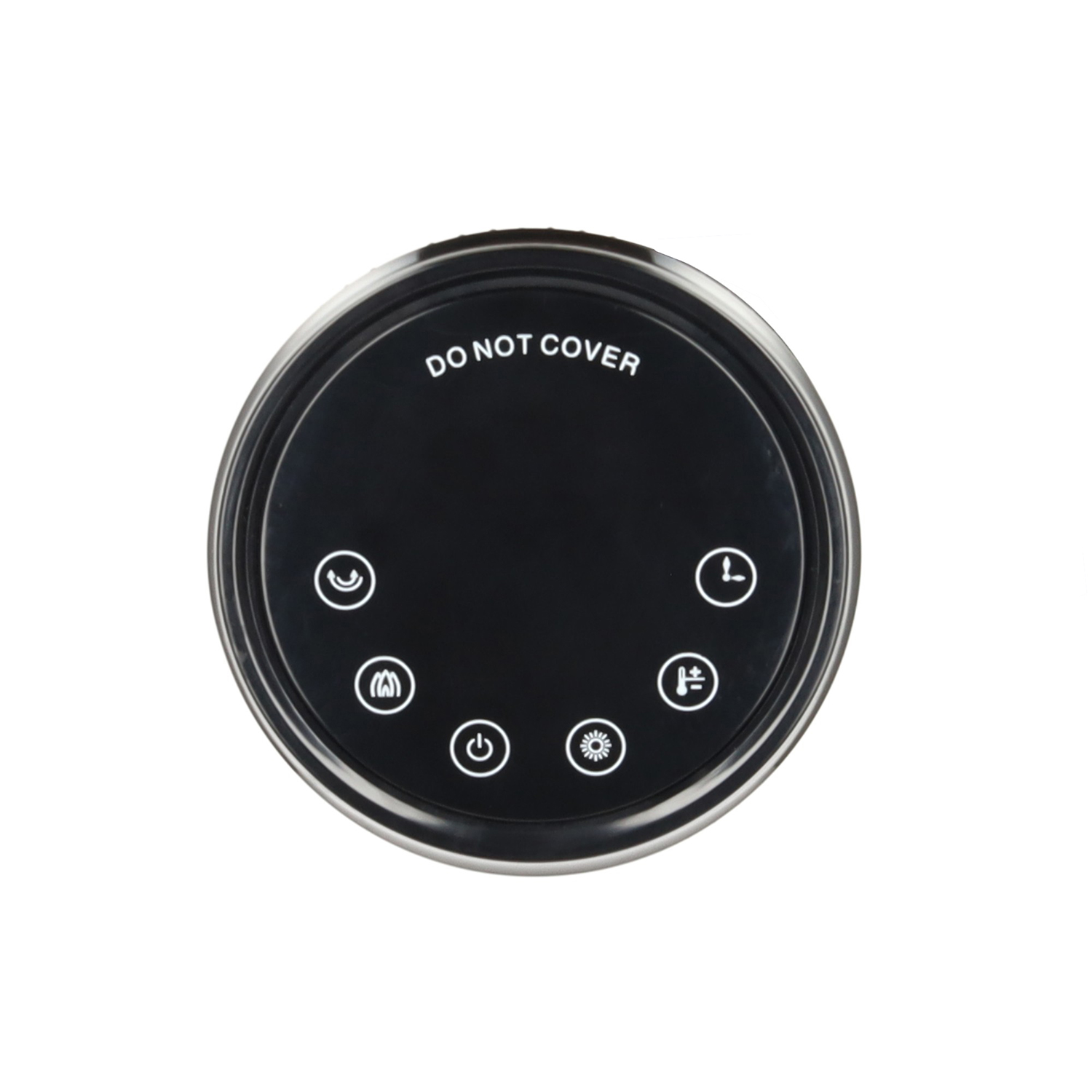 A black, circular control panel with white symbols and the words 'DO NOT COVER'.
