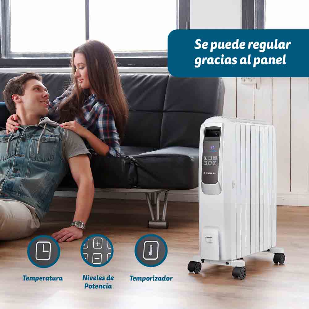 Una pareja está sentada en un sofá cerca de un calentador blanco. Los iconos de abajo muestran la temperatura, los niveles de potencia y el temporizador. Texto: 'Se puede regular gracias al panel'.