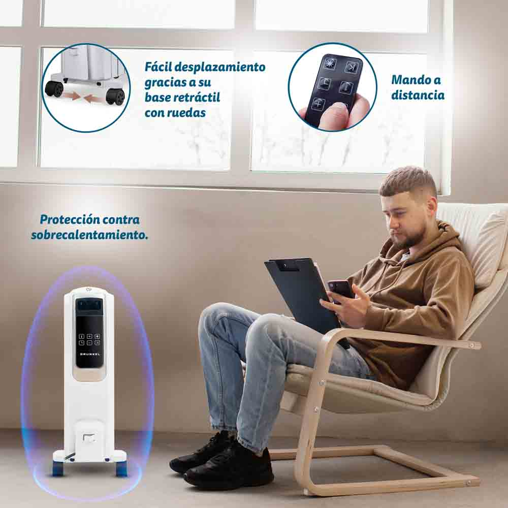 Un hombre sentado en una silla, sosteniendo un teléfono y una carpeta. Un calentador blanco está frente a él. También se muestran el mando a distancia y las ruedas.