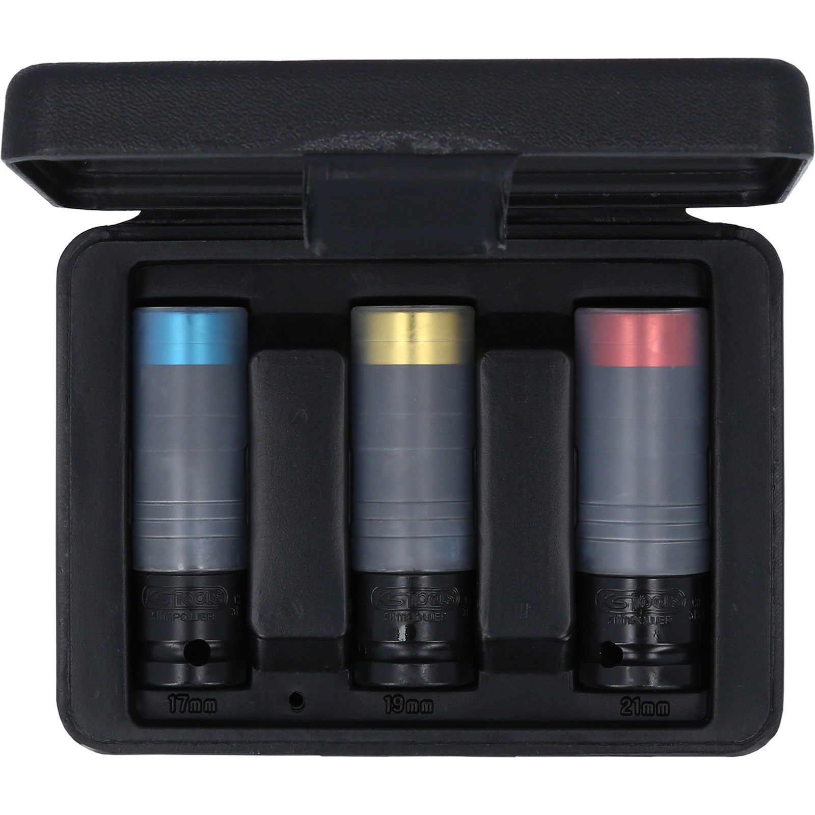 Set di tre bussole a impatto in una custodia nera. Le bussole hanno top blu, oro e rosso. Misure: 17, 19 e 21 mm.