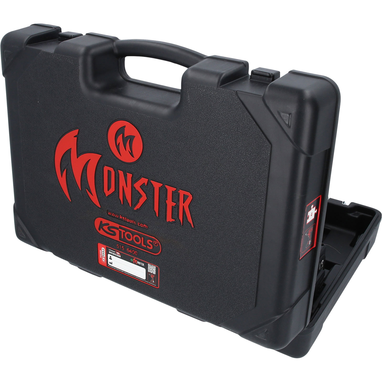 Schwarzer Koffer mit rotem 'Monster'-Logo, KS TOOLS-Branding. Geöffneter Koffer, Griff oben.
