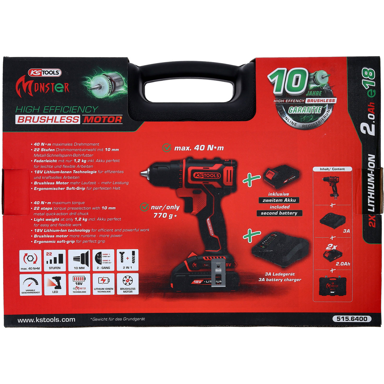 Viene visualizzato un set di utensili elettrici con trapano e accessori. La scatola è rossa e nera. Testo: Monster, Brushless Motor.