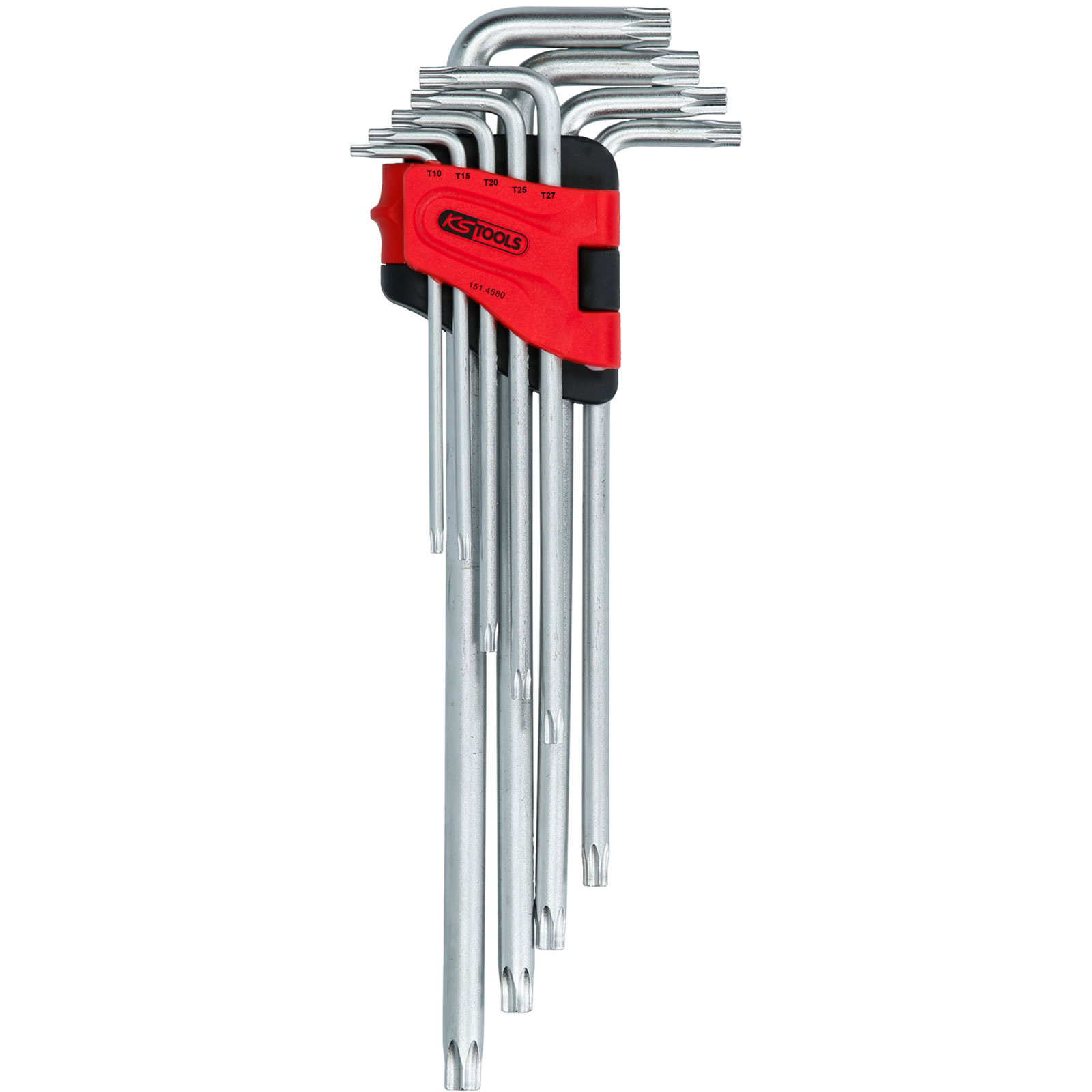 Satz silberner Torx-Schlüssel mit rotem Halter. Sie sind beschriftet und vertikal angeordnet.