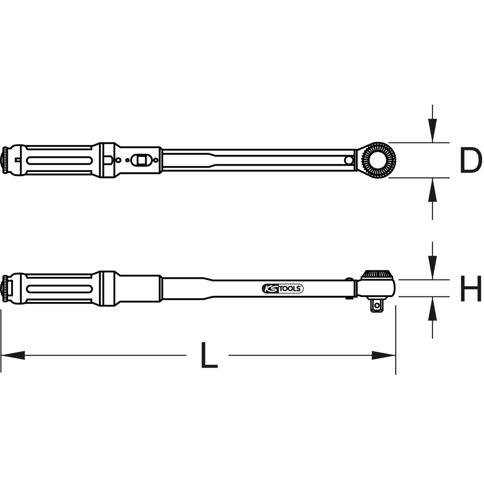 Strichzeichnung von zwei Drehmomentschlüsseln. Oben: Schraubenschlüsselkopf rechts. Unten: Schraubenschlüssel mit 'KS TOOLS' Logo.