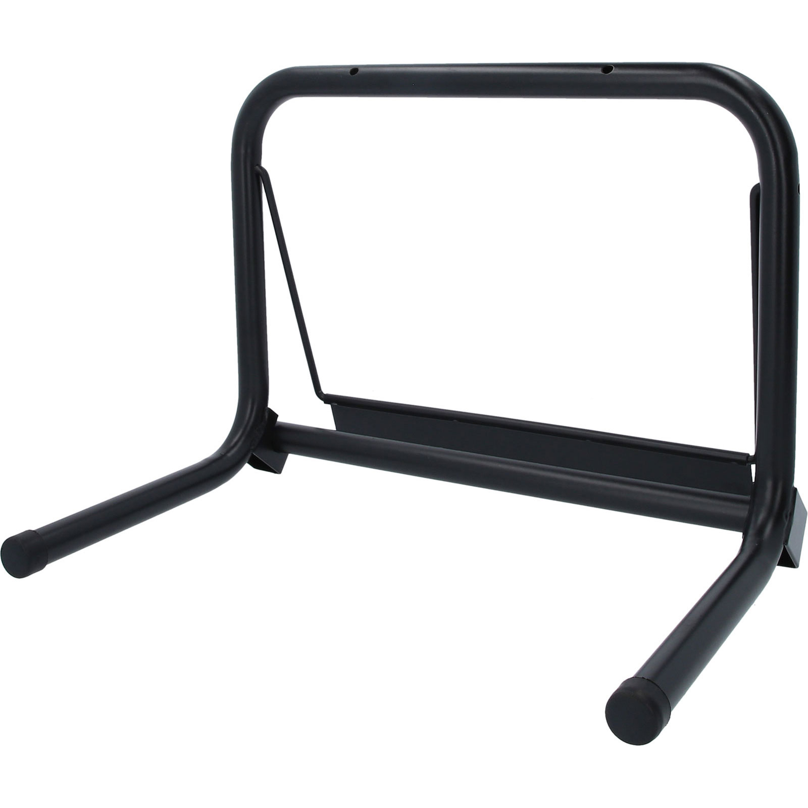 Un supporto in metallo nero con telaio rettangolare. Ha due gambe con puntali in gomma e una barra di supporto. Sfondo bianco.