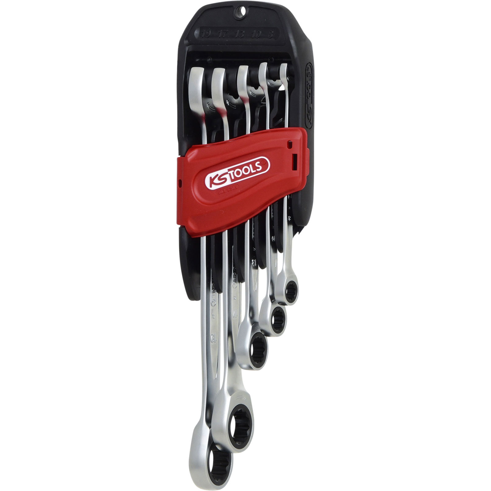 Ein Satz silberner Schraubenschlüssel in einem schwarzen Halter mit roter Abdeckung. Die Marke 'KS TOOLS' ist sichtbar.