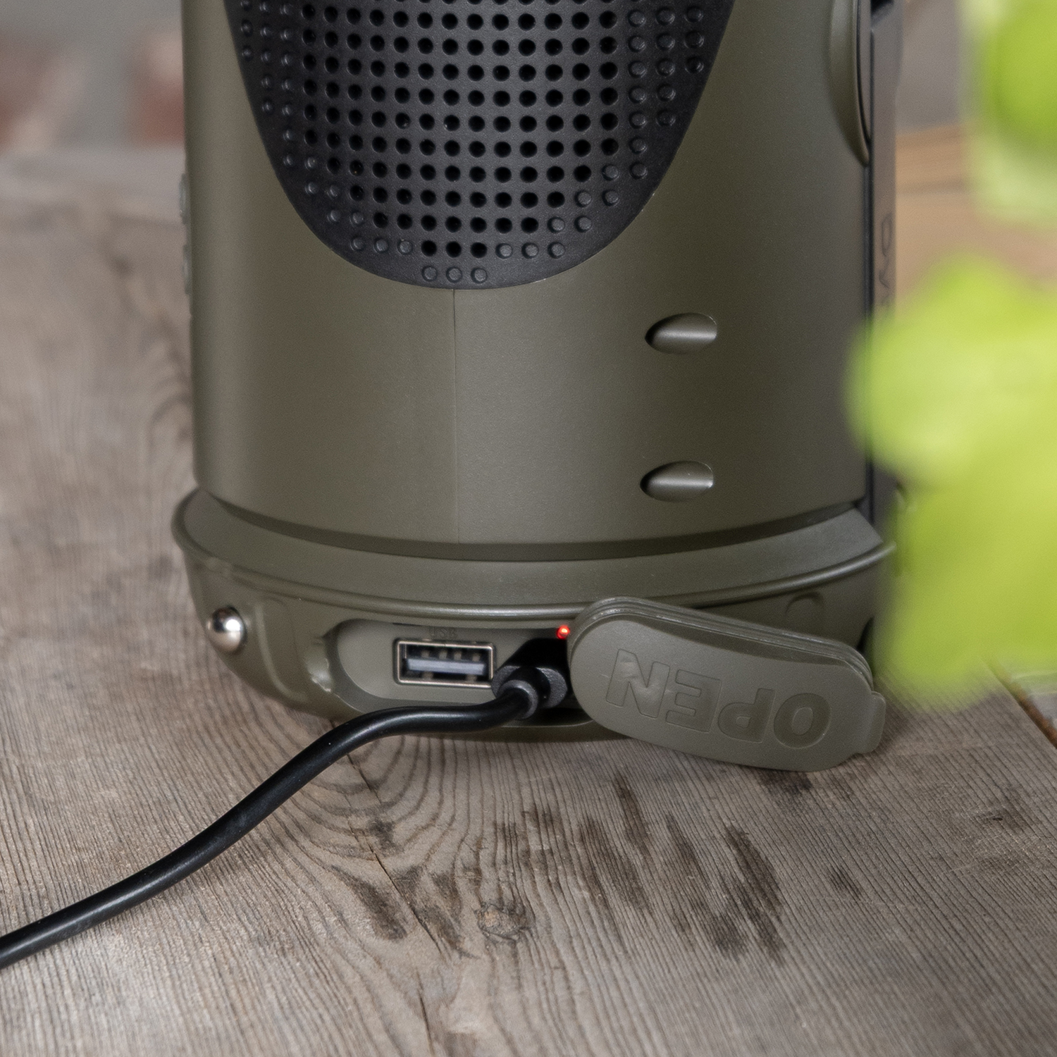 Close-up of a green speaker. A USB cable plugs into it. The port cover is open. The background is a wooden surface and green leaves.
