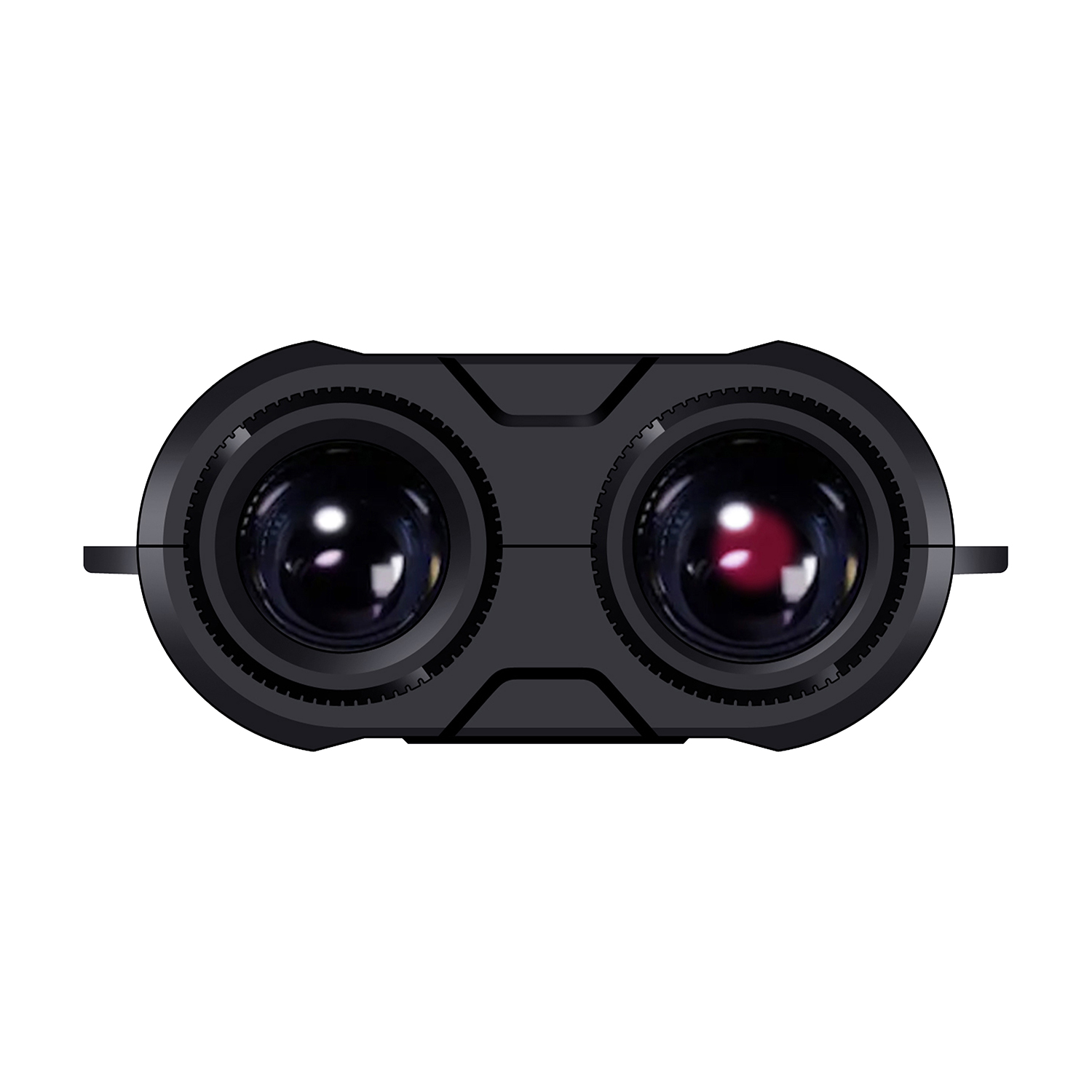 Un appareil noir avec deux lentilles circulaires, chacune reflétant la lumière. Il a un corps rectangulaire et un design détaillé.
